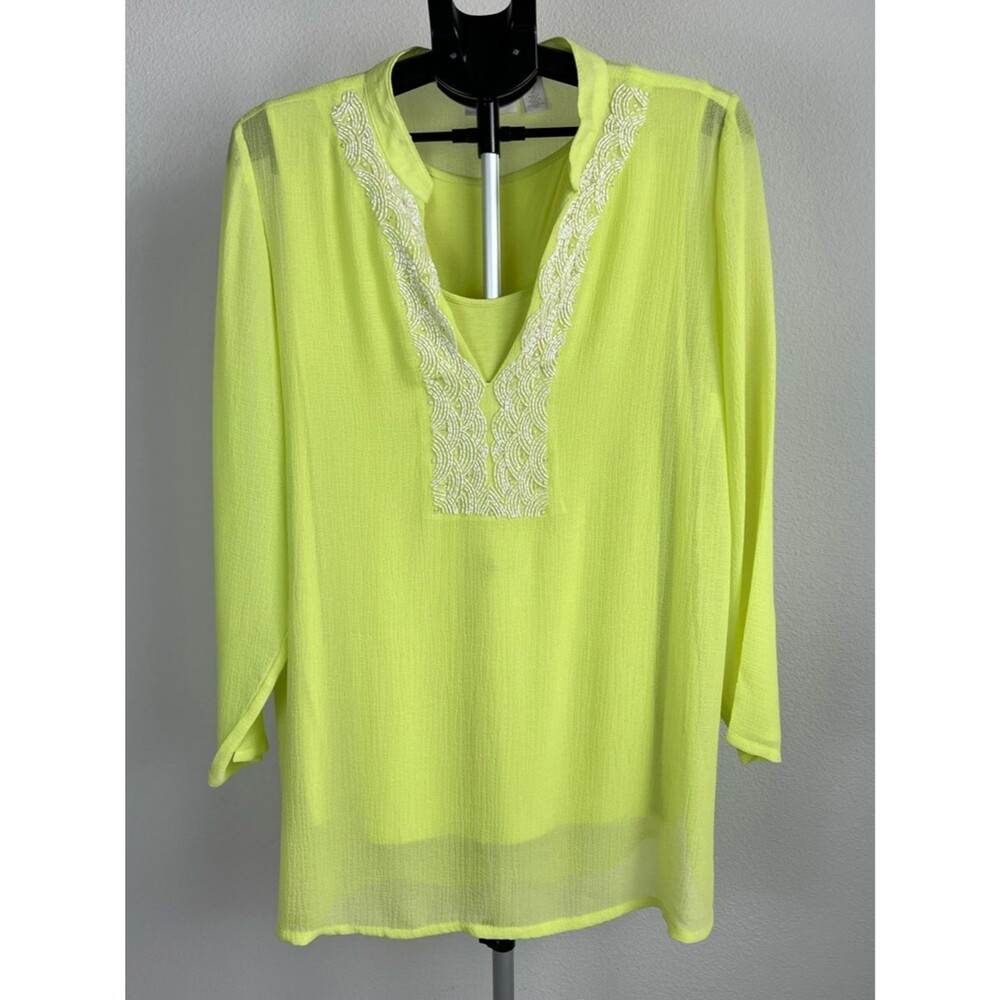 Chico’s Tunic Built In Tank Top Neon Yellow Beaded Blouse Boho Beach Vacation L